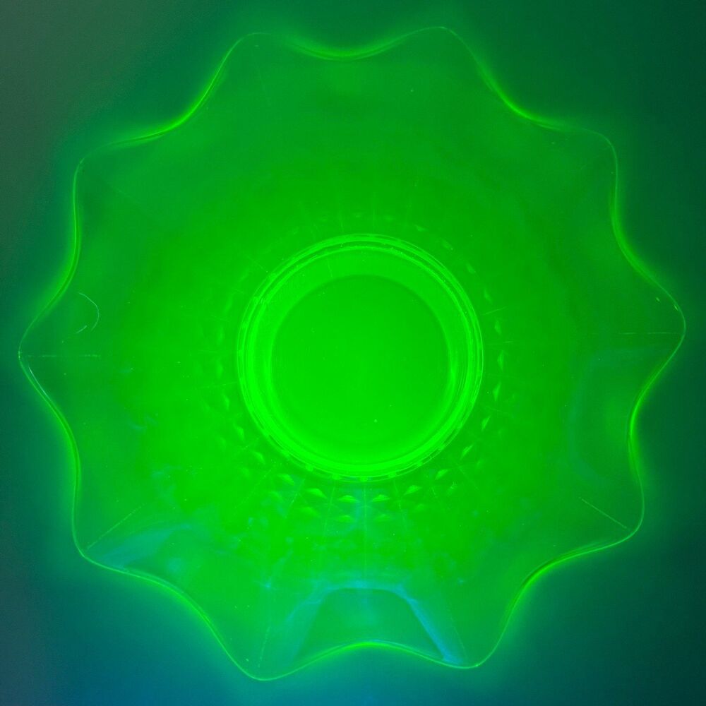 VTG Depression Uranium Vaseline Glass Fluted Ruffled Rim Centerpiece 13"x13"x4"